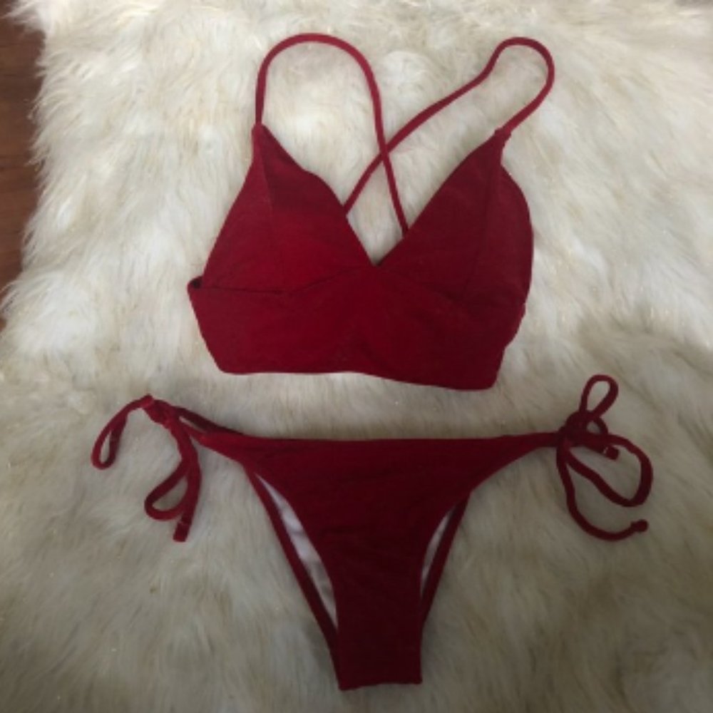 Zaful Red Velvet Criss Cross Bikini Push Up Bra Lace Up High Cut Bikini Set